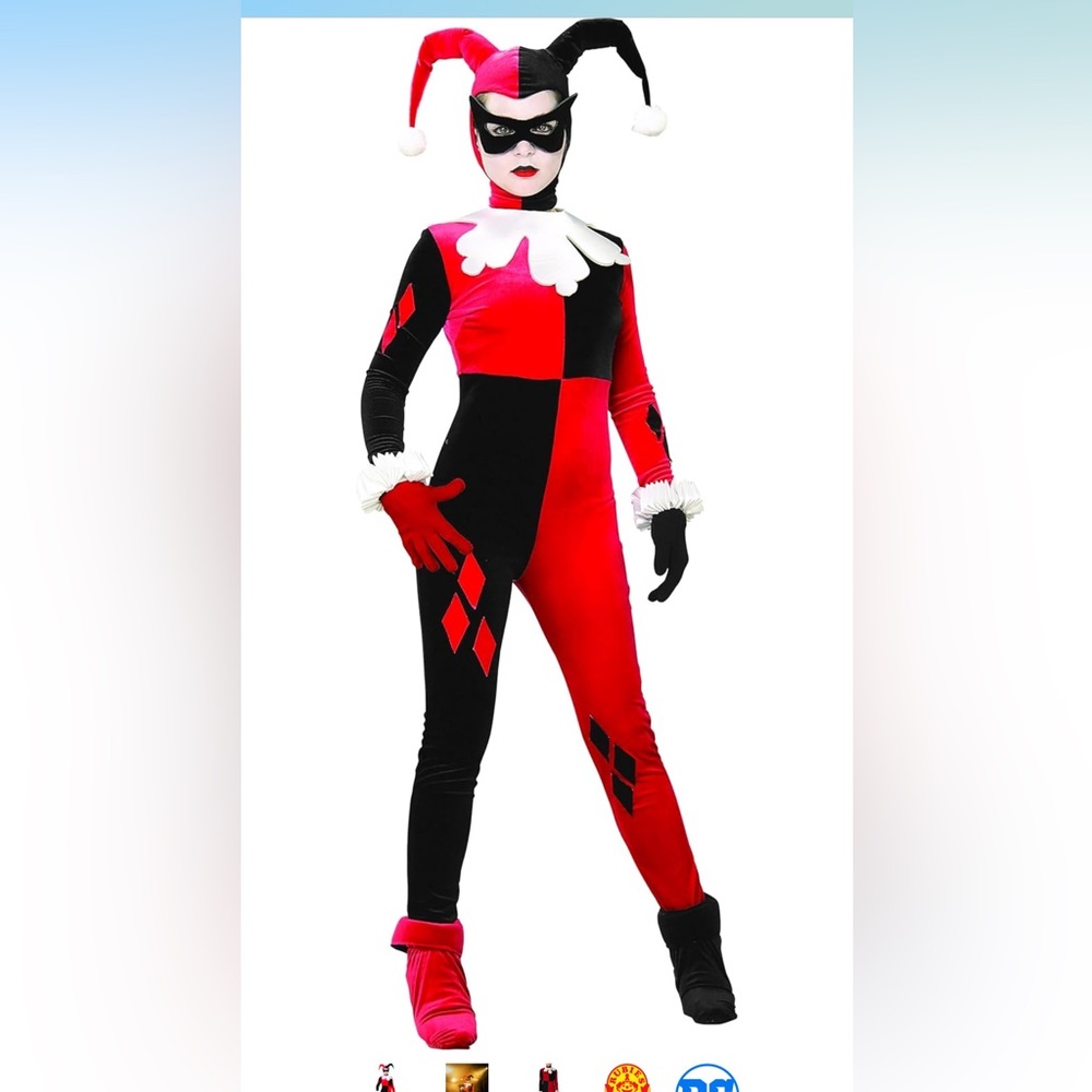 XS Harley Quinn jumpsuit costume with blow up hammer accessory